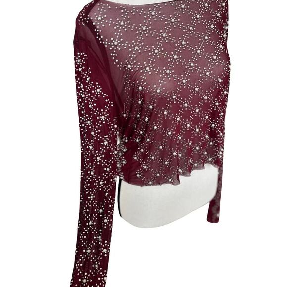 FADED ROSE BURGUNDY LONG SLEEVE MESH PEARL BEADED BLOUSE FADED ROSE  MEDIUM NWT. - Picture 7 of 8